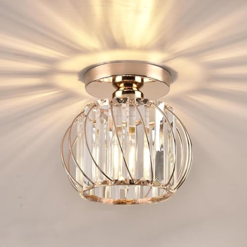 Crystal Ceiling Light Fixture,Crystal Semi Flush Mount Ceiling Light, Crystal Chandelier Pendant Lights for Kitchen Entryway Hallway Bedroom Dining Room Living Room (Gold)