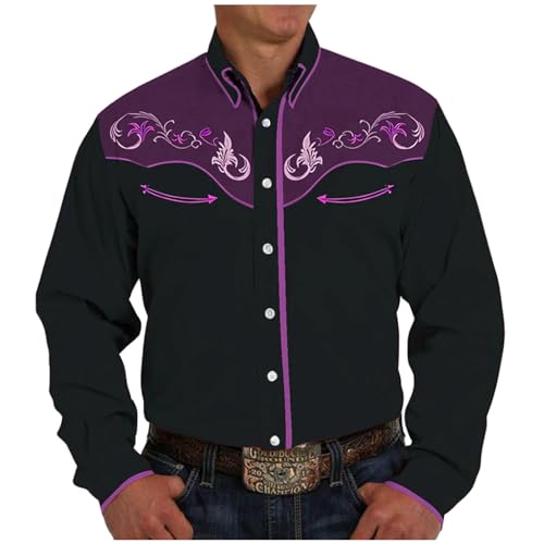 Camisas de Vaquero Occidental para Hombre, Camisas Bordadas de Manga Larga, Camisa Informal con Botones y Bolsillos Grandes Hombre Camisas