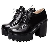 Betastella Women's Chunky Heel Platform Ankle Booties Lace Up Vintage Oxfords Shoes, Size 7, Black