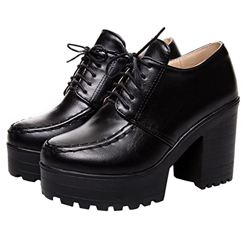 Betastella Women's Chunky Heel Platform Ankle Booties Lace Up Vintage Oxfords Shoes, Size 7, Black