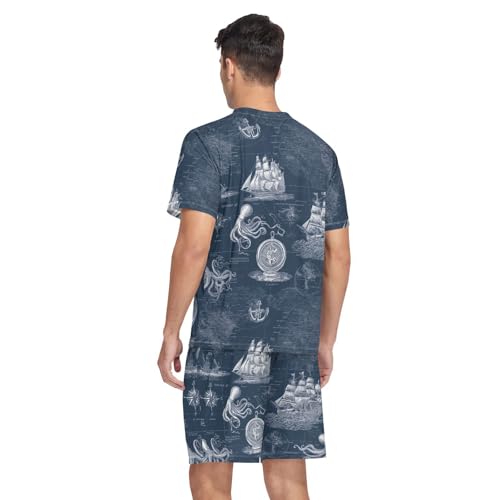 Sailing Boat Men’s Pajama Sets Short Sleeve Lounge Wear with Elastic Waistband and Drawstring2