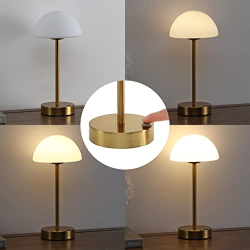 Image of JONATHAN Y Xavier 12.5 inch Metal Cordless LED Table Lamp, Brass Gold | Rechargeable, Dimmable Touch Sensor, White Frosted Glass Dome, Portable Minimalist Accent Light, Integrated Bulb Included