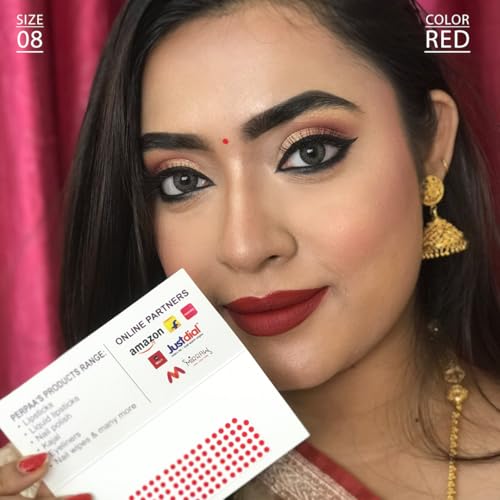 Image of PERPAA Premium Velvet Sticker Kumkum Bindi Box of 15 Flaps - Pottu for Women,Ladies, Girls (Size 8, Diameter 2.5mm, Red)
