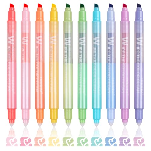 Erasable Highlighters, 10 Pastel Highlighters Assorted Colors, Dual Tip Cute Erasable Highlighter Pens No Bleed Through for Bullet Journaling, Bible Study, School Office Supplies