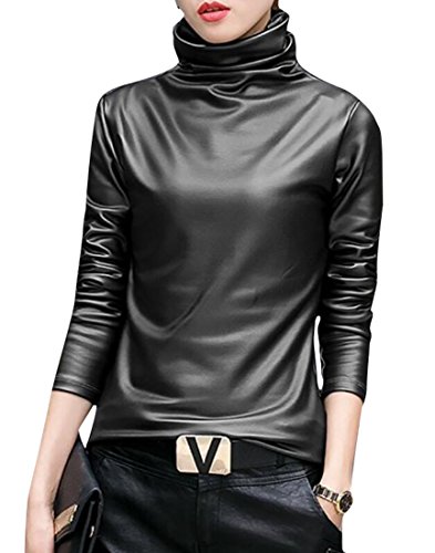 SELX-Women Faux Leather Turtleneck Tops Long Sleeve Blouse T-Shirt Black US M