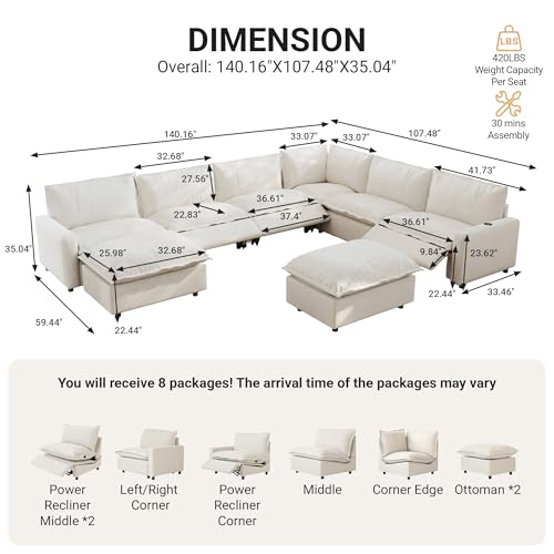 Image of 140.16 inch Power Reclining Sofa with Wireless Charging & Heated Seats,Smart Recliner Sectional Couch,Zero Gravity Recliner Sofa,Deep Seat Cloud Couch for Living Room Home Theater,Beige,8 Seats