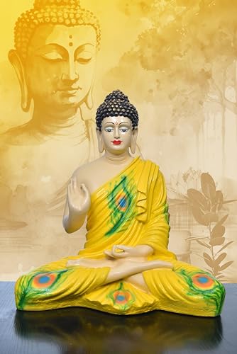 Image of Beautiful Sitting Buddha Idol Statue for Home & Garden Living Room | Healing Spirit Blessing Buddha Statue - 15 Inch Size (Yellow + Cream)