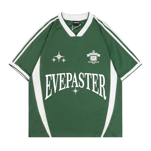 Evepaster Oversize Graphic Jersey Shirt Vintage Tee for Women V Neck Short Sleeve Streetwear Y2K Unisex Tops Green