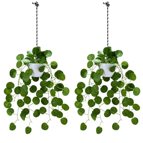 Image of fancymart Artificial Hanging Ivy Plant with White Hanging Pot & Rope, Pack of 2, Realistic Green Leaf Creeper for Home, Office, Living Room & Wall Decor, 60 cm Height