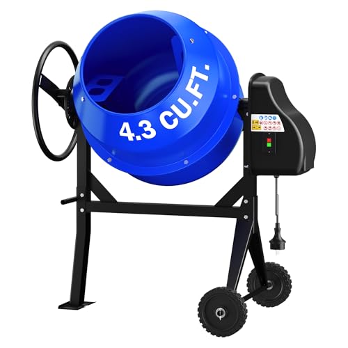 POXURIO 120L Electric Cement Mixer 4.3 Cubic Ft. 450W 3/5HP Portable Concrete Mixer Machine with Stand And Wheels for Stucco Mortar Seeds Blue-2026 Upgraded