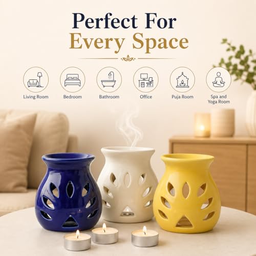 Image of Brahmz Candle Diffuser Set of 3 | Ceramic Aroma Oil Burner with Tealight | Home Fragrance Essential Oil Diffuser for Aromatherapy, Meditation & Gifting