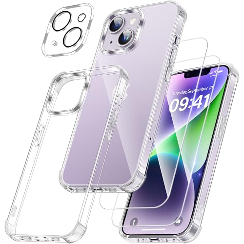 FLLAO 4 en 1 Coque pour iPhone 14 Plus avec 2 Verre Trempé et 1 Caméra Protecteur, [Coussin d'air Intégré] Antichoc Antirayures Bumper Protection Housse pour iPhone 14 Plus 6.7', Transparent
