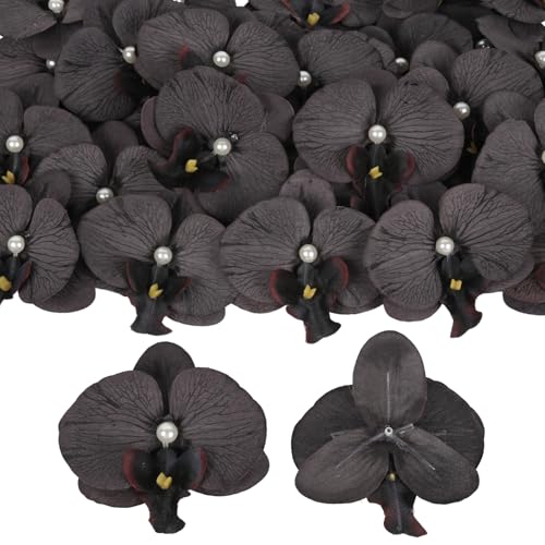 muafho 30PCS Black Silk Orchid Flower Heads Silk Faux Butterfly Orchid Flowers with Pearl Center for Halloween Wreaths Wedding DIY Hair Clips Goth Home Decor (Black)