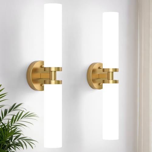 Image of Wall Sconces Set of 2, Gold Hardwired Bathroom Light Fixtures, Modern Bathroom Vanity Wall Lighting with Milky White Glass Shade, Farmhouse Wall Sconce for Bedroom Living Room Hallway
