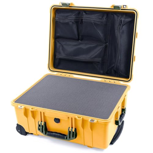 ColorCase Pelican Protector 1560 Case Yellow - Waterproof Case with Pick & Pluck Foam & Mesh Lid Organizer - OD Green Handles & Latches