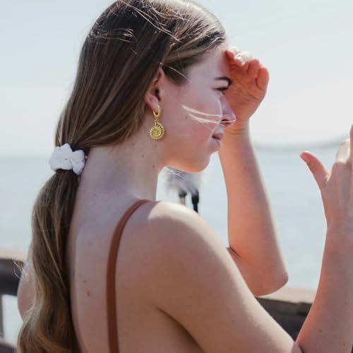 4 Pairs Gold Huggie Hoop Earrings for Women, 14K Real Gold Stainless Steel Summer Beach Jewelry Starfish/Pearl/Clam/Conch Dangle Hypoallergenic Earrings2