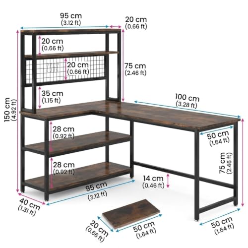 Image of L Shaped Office Table | Wooden Study Table with Bookshelf | Computer Table with Storage Shelves for Home & Office | Modern Workstation Desk for Laptop, Study & Work from Home Setup | 140x50x150 cm