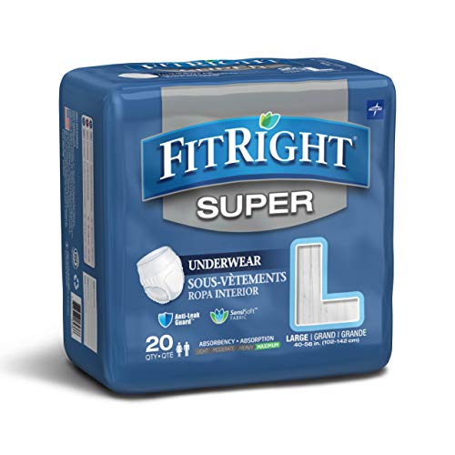 Medline FitRight Super Adult Incontinence Underwear, Maximum Absorbency, Large, 40"-56", 4 Packs of
