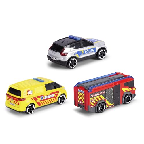 Dickie Toys - SOS-Team Spielzeugautos (je 15 cm) - 3er-Set Autos mit Freilauf für Kinder ab 3 Jahre, Volvo EX40 Polizeiauto, VW ID. Buzz Krankenwagen & Rosenbauer Penta Feuerwehrauto