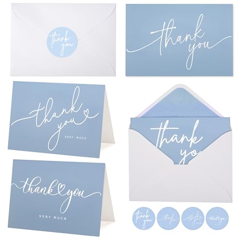 100 Bulk Light blue Thank You Cards with white Envelopes and stickers - 4 Minimalistic Designs Blank Thank You Notes with Envelopes for business Wedding Bridal Gift Baby Shower Business Graduation