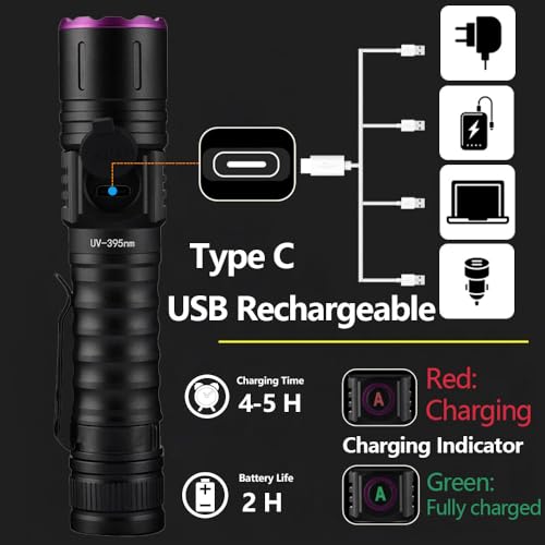 Alonefire SV87 5W 395nm UV Taschenlampe Typ C USB Aufladbar Zoom Schwarzlicht Haustierurin Detektor Geld-Detektor für UV Harz, Angeln, Skorpion, Bernstein, Mineralien mit Batterie Enthalten