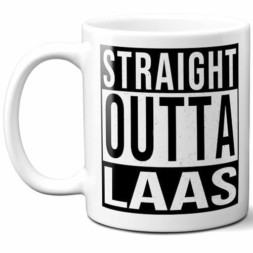 Laas Last Name Gift. Personalized, Custom "Straight Outta" Surname Sign Coffee Mug. 11 Ounces.
