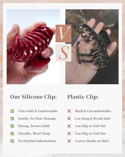 Mesovor 4 Pack Silicone Flexible Hair Claw Clips, Nonslip 4.33" Large Bendable Claw Clip | Soft Cozy Neutral Hairclips for Thin and Thick (Black, Wine Red) — view 4