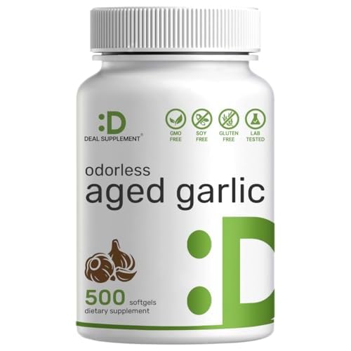 Odorless Aged Garlic Pills, 6,000mg Per Serving, 500 Softgels – 24:1 Garlic Oil Extract – Fresh Allium Sativum Bulb Source – Heart & Immune Anti