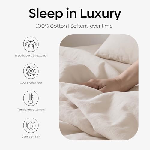 Image of Haus and Kinder Double Bedsheet, 300 TC 100% Organic Cotton Percale Weave, Fitted Bedsheet for Double Size Bed with 2 Pillow Covers - Marrow Stitch Detaling (Coastal Calm, 60 inchx78 inchx10 Size)