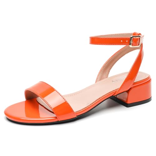 Image of Women's Ankle Strap Sandals, Low Block Heel, Open Toe Summer Dress Shoes with Buckle Closure
