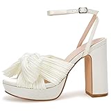 VETASTE Women's Pleated Bow Knot Platform Heeled Sandals Open Toe Chunky Block Heel Ankle Buckle Str