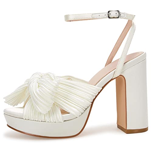 Vetaste Women's Pleated Bow Knot Platform Heeled Sandals Open Toe Chunky Block Heel Ankle Buckle Strap Bridal Wedding Dress Shoes #TOP22