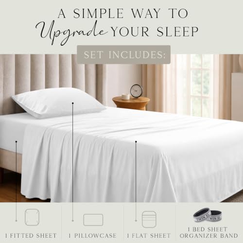 Image of KARISSA MAE Luxury Bamboo Viscose Twin XL Size Sheet Set | FSC Certified | Cooling | Ultra Soft | 18 inch Deep Pockets | Elastic Corner Straps | Includes Organizer Band [White]