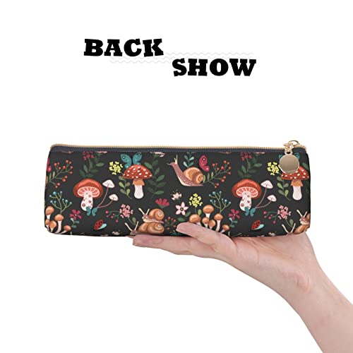 Image of Mushroom Snails Butterfly Flower Pattern Leather Pencil Case Zipper Pen Makeup Cosmetic Holder Pouch Stationery Bag for School, Work, Office