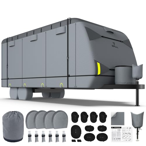 RVMasking Travel Trailer RV Cover 31-34ft, 7 Layers Extra-Thick Camper Cover Waterproof Windproof for Toy Hauler with 4 Tire Covers & Tongue Jack Cover, Durable Trailer Cover for RVs, Medium Gray