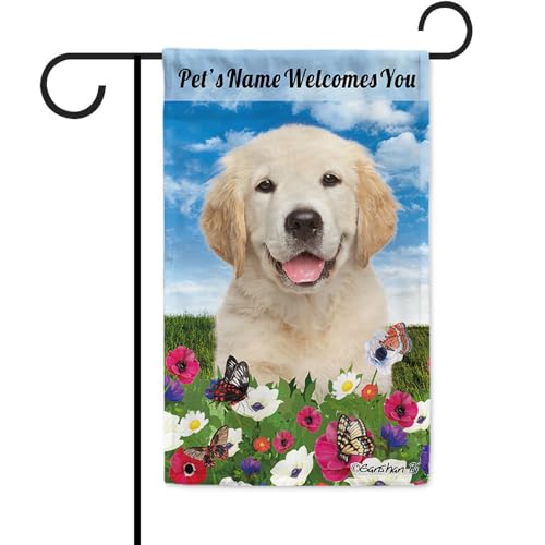 Personalized Spring Summer Dog Welcome Garden Flag 12.5X18 Inch, Golden Retriever Flowers Butterfly Blue Sky Yard Outside Decor Flag Banner Double Side Style 1