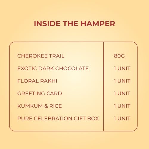 Image of PUREHEART Rakhi Gift Hamper- Cherokee Trail Mix (80g) and Chocolates with Floral Rakhi for Brother, Gift Card, Pooja Rice, Kumkum - Dry Fruits and Nuts Gift