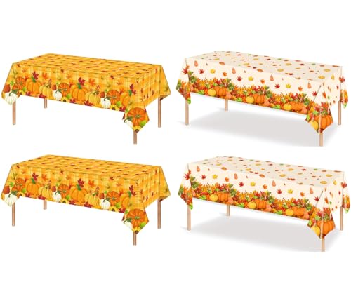 DIFEIUKI 感謝祭飾り テーブルクロス 4枚セット 使い捨てテーブルクロス テーブルカバー カボチャ 紅葉 秋 長方形 防水 防油 防汚 サンクスギビング ハロウィン パーティー 背景布 テーブル装飾用品 137*274cm