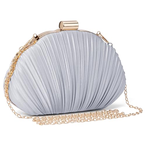 Image of RNIEGA Pleated Satin Seashell Evening Clutch Purse for Women Elegant Clutch Handbag Shoulder Bag with Chain for Wedding