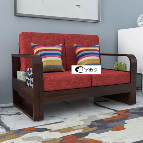 Image of Solid Sheesham Wooden 2 Seater Sofa for Living Room | Sofa with Side Pocket Storage & Cushion | Rosewood Sofa Set for Home (Walnut with Red Cushion, 2 Seater)