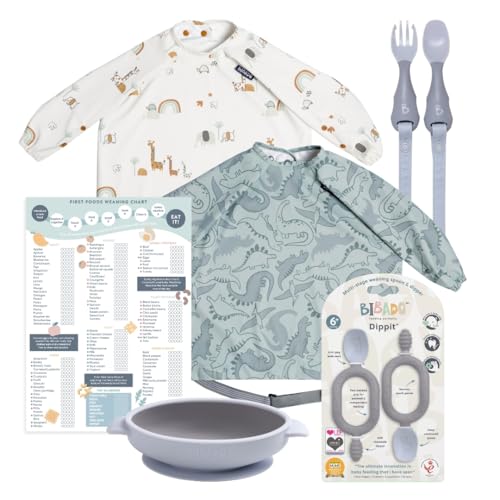 BIBaDO - 2 Pack Coverall Baby Feeding Bib, Easy to Clean Long Sleeve Bib, Baby Bibs for Eating, Adjustable High Chair Catch All, Sleeved Bib
