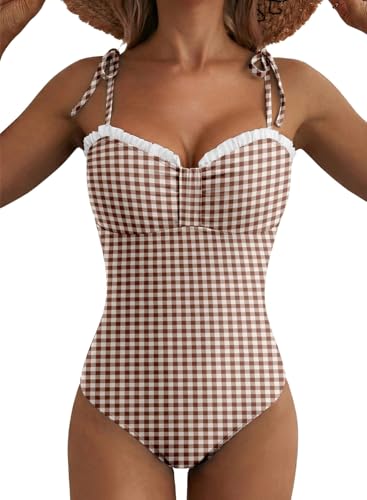Herseas Womens High Cut One Piece Swimsuit Ruffled Trim Wire Free Adjustable Lace Up Straps Tummy Control Gingham Retro Bathing Suits Modest Resort Beachwear Brown Checkerboard Medium