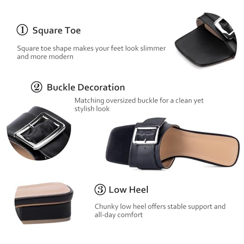 Image of Women's Slide Heeled Sandals Opened Square Toe Chunky Block Heel Slippers with Buckle Slip on Casual Comfortable Pumps
