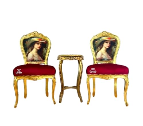 CasAmin Home & Living Un par de sillas y mesa auxiliar de estilo barroco francés de terciopelo rojo con impresión de retrato de dama en acabado dorado para ocasiones especiales, sala de estar