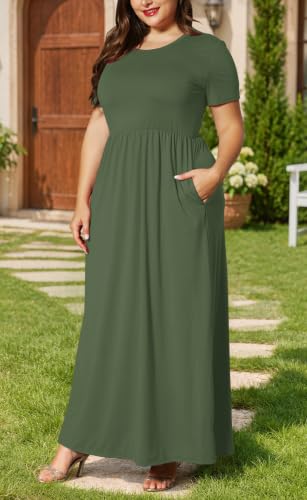 Image of KARALIN Women Plus Size Maxi Dress Short Sleeve Round Neck Loose Fit A-Line | Plus Size Long Dress,Summer Casual Maxi Dresses,Short Sleeve,Side Pockets,Round Neck,Elastic Waist,14 Plus - 26 Plus