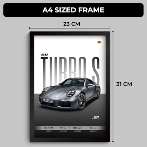 Image of Porche 911 Poster | Framed A4 Sized (31 x 23 cm) | 911 Turbo Car Porche Posters for Wall, Gift for Boys | Supercar Frames | Poster Sportscar Frame | Car Posters for Wall, Bedroom, Hostel, Study Desk (F 157)
