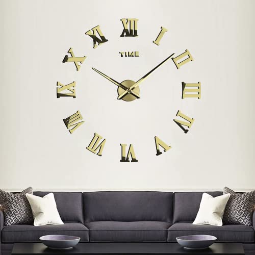 VIVILINEN Bricolage Horloge Murale Grande Horloge Moderne sans Cadre Chiffres Romains 3D Miroir Autocollant Horloge Murale pour Bureau Décor à La Maison