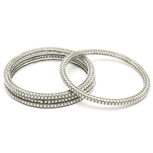 Image of Karatcart Oxidised Silver Pearl Studded Tribal Set of 4 Bangles for Women