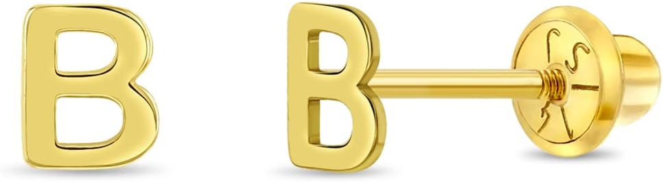 14k Yellow Gold Tiny Initial Letter Screw Back Earrings For Toddlers, Little Girls & Preteens - Personalized and Meaningful Jewelry For Young Preteen Girls - Small Letter Earrings
