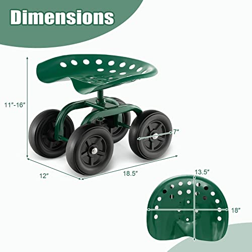 Goplus Garden Cart with Wheels, Utility Stool Cart w/Adjustable 360 Degree Swivel Seat, Outdoor Lawn Yard Rolling Work Seat, Garden Scooter for Planting (Green) - Thumbnail 2